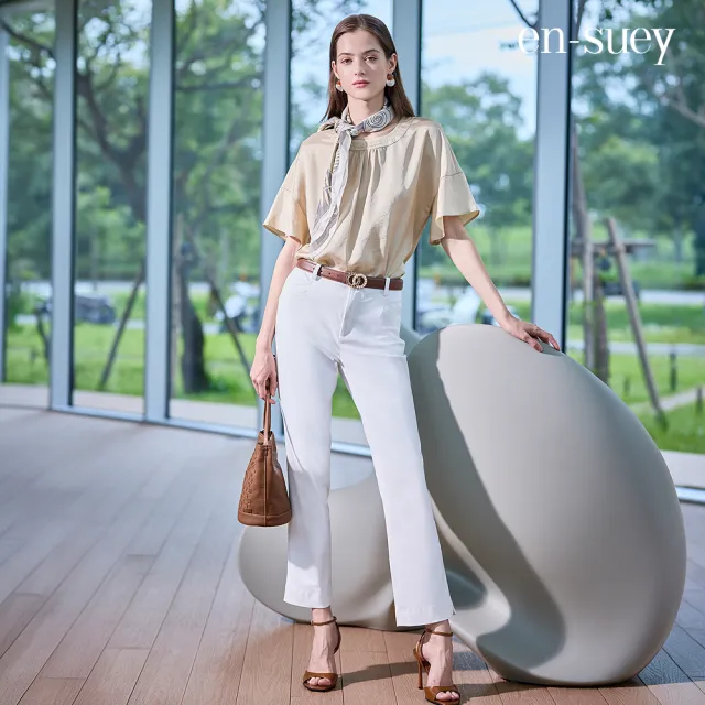 【en-suey 銀穗】EU都會感簡約彈性直管長褲-女