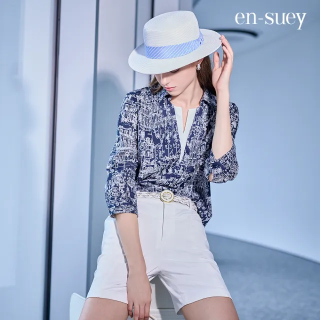 【en-suey 銀穗】EU都會感剪接變化直管短褲-女