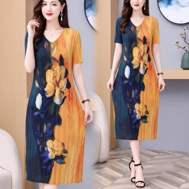 【巴黎精品】多款三宅風皺褶衣服洋裝寬鬆連身裙子長裙褶皺上衣印花摺衣折衣（壓褶大尺碼短袖女裝n2b17 P)