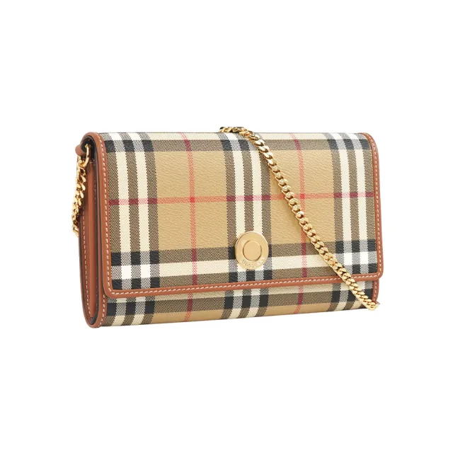【BURBERRY 巴寶莉】經典格紋皮夾式手拿包/鍊包WOC(米色/石楠木棕)