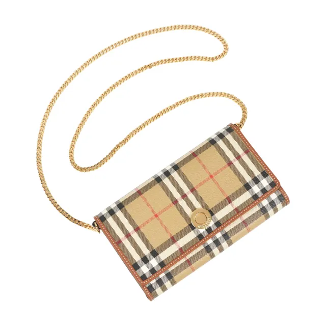 【BURBERRY 巴寶莉】經典格紋皮夾式手拿包/鍊包WOC(米色/石楠木棕)