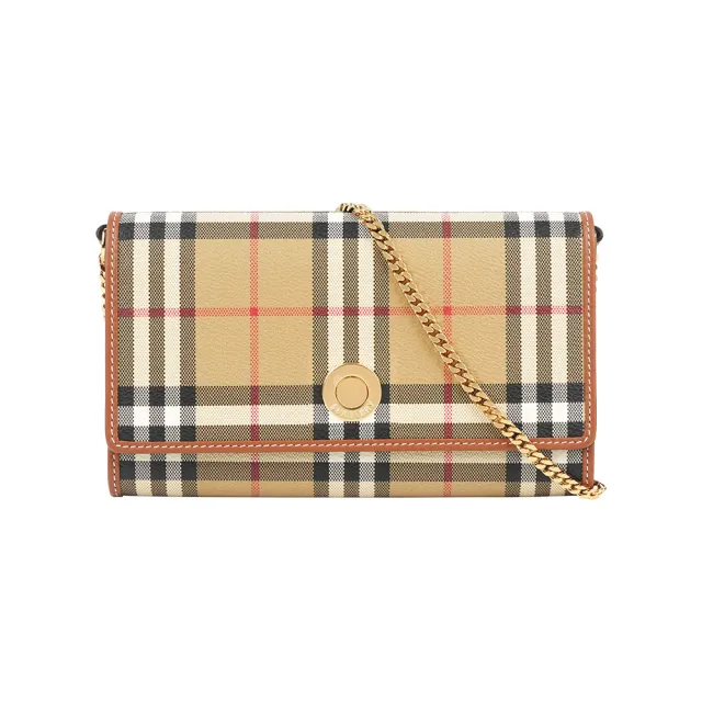 【BURBERRY 巴寶莉】經典格紋皮夾式手拿包/鍊包WOC(米色/石楠木棕)