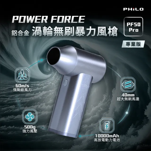 【Philo 飛樂】PF50Pro專業版鋁合金渦輪無刷 暴力風槍(風槍/吹塵槍/暴風槍/吹水機/吹葉機/鼓風機)
