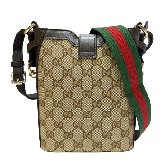 【GUCCI 古馳】782919 GG Original緹花布綠紅綠背帶迷你水桶單肩/斜背包(棕色)