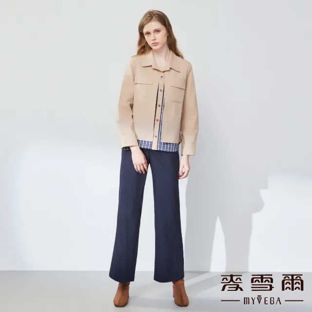 【MYVEGA 麥雪爾】牛仔風跳色車線套裝喇叭長褲-深藍(上下身分開販售)