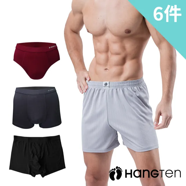 【Hang Ten】Hang Ten 6件組momo獨家美式經典M-XXL彈力男內褲(平口褲/四角褲)透氣/涼感