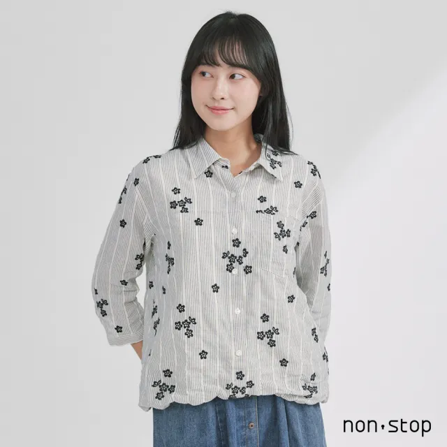 【non-stop】小花刺繡鬆緊下襬七分袖襯衫-2色