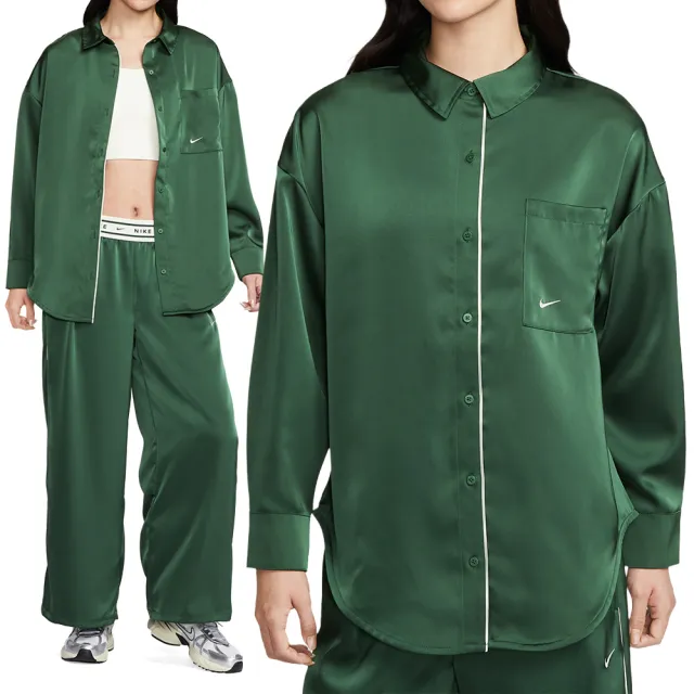 【NIKE 耐吉】As W Nsw Offln Wvn Stn Ls Top 女款 綠色 緞面 長袖 襯衫 IM0576-323
