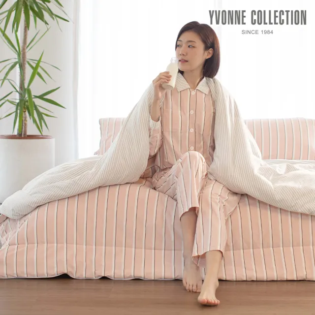 【YVONNE 以旺傢飾】100%美國棉暖玉被-木屋條紋 香檳粉(雙人 冬被 棉被 水洗 台灣製)