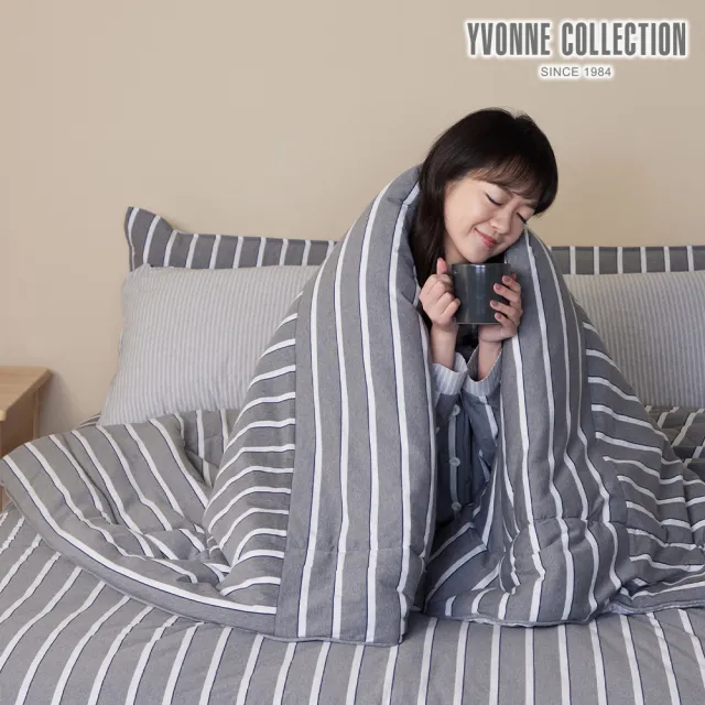 【YVONNE 以旺傢飾】100%美國棉暖玉被-木屋條紋 岩石灰(單人 冬被 棉被 水洗 台灣製)
