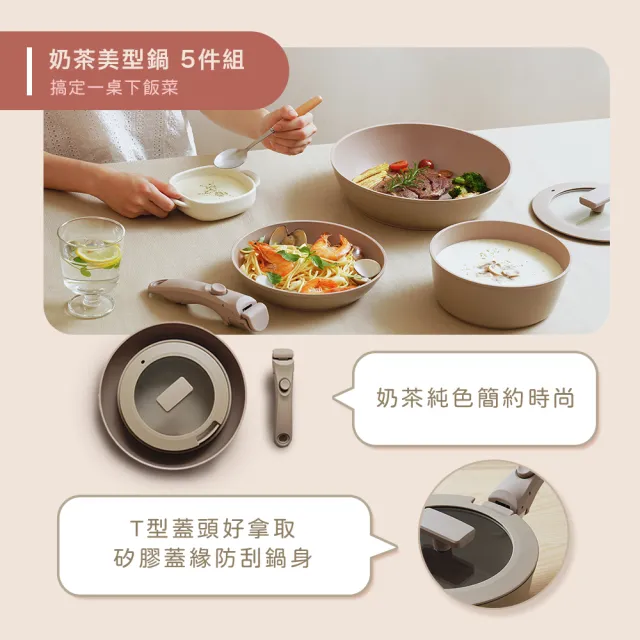 【MASIONS 美心】GOOGOO系列 可拆鍋奶茶陶瓷厚釜鑄造不沾鍋3鍋5件組(煎炒鍋/平底鍋/奶鍋/可拆手柄/鍋蓋)