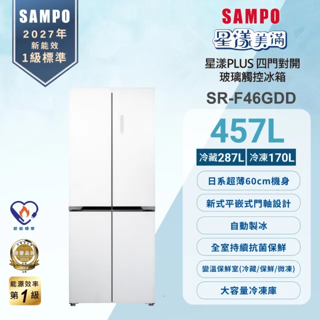 【SAMPO 聲寶】457公升 星漾PLUS 台灣製造一級變頻四門對開玻璃冰箱(SR-F46GDD)