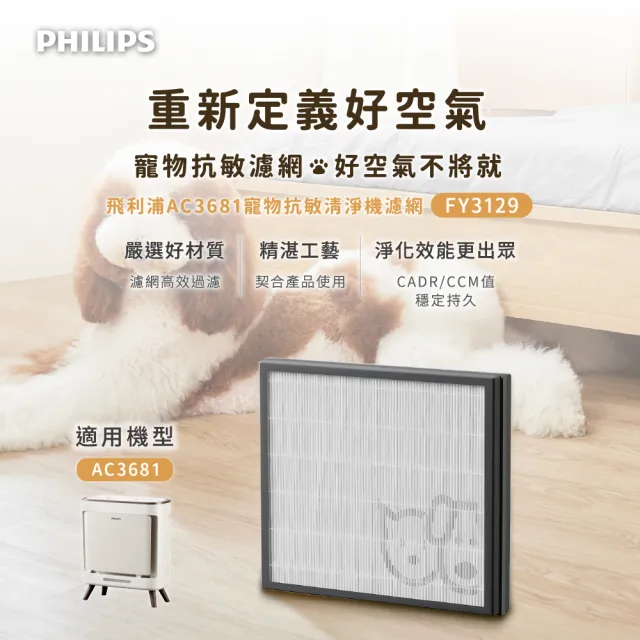 【Philips 飛利浦】買大送小三年份濾網組★毛小奈抗敏寵物清淨機15-17坪(AC3681/81)