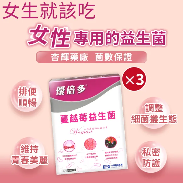 【YouBest 優倍多】蔓越莓益生菌 3入(共90包-順暢益生菌.保證35億活菌.菸鹼素 專利私密益菌 女性專用益生菌