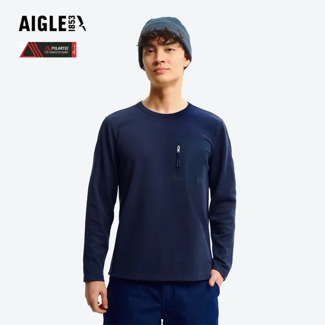 【AIGLE】男 POLARTEC 休閒長袖T恤｜AG-5A138A242 深藍(男長袖上衣 男T恤 POLARTEC 保暖上衣 刷毛衣)