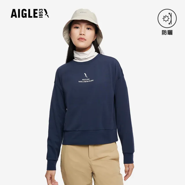 【AIGLE】女 抗UV長袖短版T恤|AG-5A250A057 深藍(女裝 抗UV 防曬 短版上衣 女 T恤 長袖T恤)
