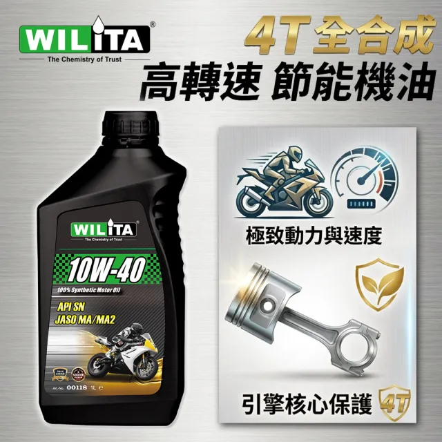 【WILITA 威力特】4T全合成高轉速節能機油3瓶優惠組(API SN JASO MA/MA2)