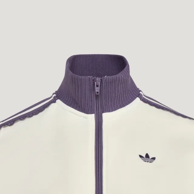 【adidas 愛迪達】外套 女 運動立領外套 三葉草 亞規 KNIT TRACK TOP 白紫 LF2334