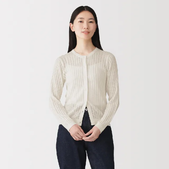 【MUJI 無印良品】女柔滑羅紋鏤空編織圓領開襟衫(黑色/象牙白/深棕)