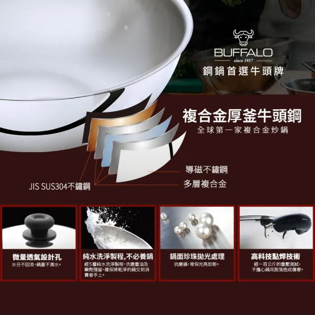 【Buffalo 牛頭牌】小牛不鏽鋼雙耳炒鍋40cm (304不鏽鋼/大容量/超厚鍋身/耐刮耐用)