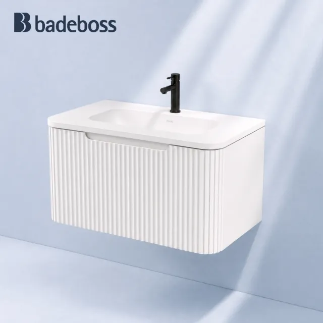 【badeboss】圓弧格柵純白80cm防水瓷盆浴櫃 B-9618-80 /防水發泡板/奈米釉/不鏽鋼鉸鏈/浴室收納