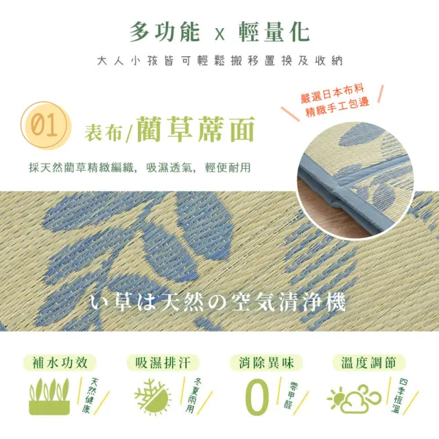 【BELLE VIE】日式和風 九宮格 - 天然藺草可折疊透氣涼蓆 / 涼墊 / 和室墊 / 客廳墊(195x195cm－藍葉)