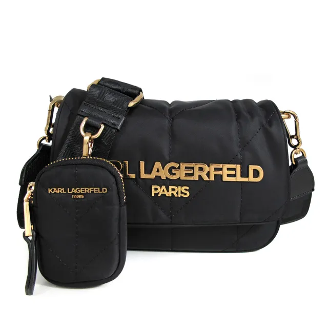 【KARL LAGERFELD 卡爾】卡爾金字LOGO防潑水尼龍二合一斜背包 (黑色)