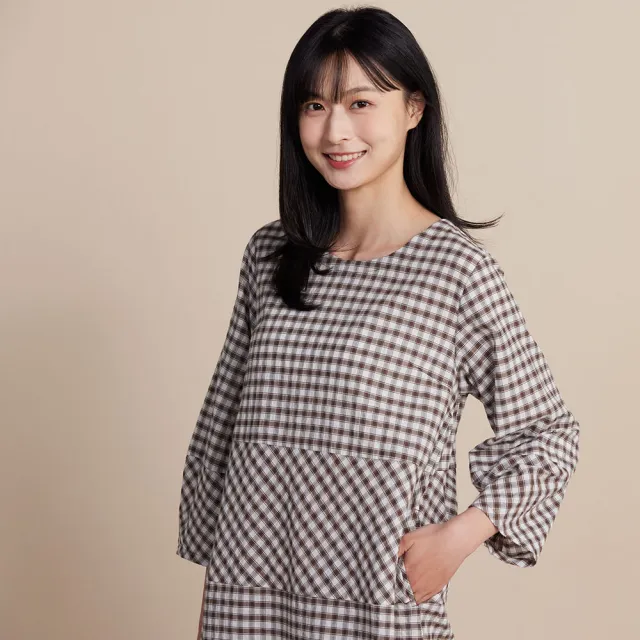 【YVONNE 以旺傢飾】皺皺格拼接九分袖洋裝-可可棕