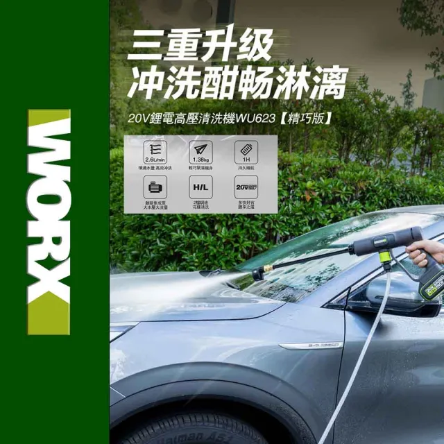 【WORX 威克士】20V 無線高壓清洗機 WU623.9(高壓清洗機 便攜式清潔機 鋰電高壓洗車機 無線高壓洗車機)