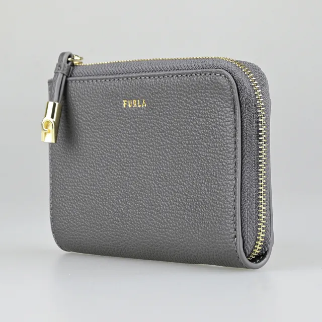 【FURLA 芙拉】FURLA精品燙金小牛皮零錢袋拉鍊卡夾(都會灰)