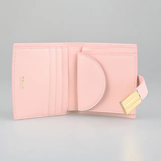 【BALLY】BALLY精品金屬小牛皮零錢袋釦式短夾(淡粉)