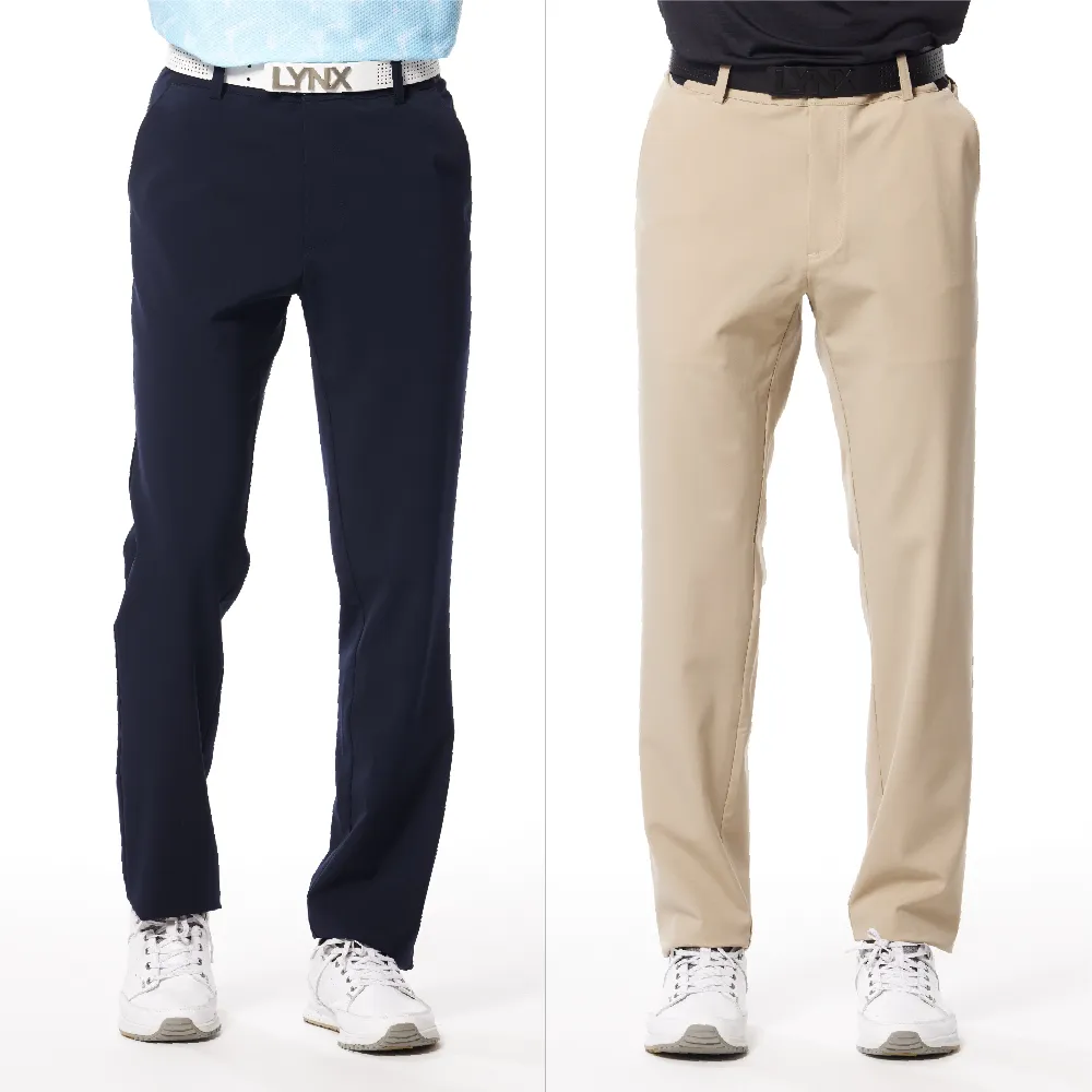 【Lynx Golf】男款日本進口面料吸排涼感機能彈性舒適配布剪接造型口袋貼膜設計平口休閒長褲(二色)