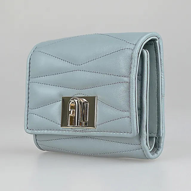 【FURLA 芙拉】FURLA 鍍金拱形LOGO 1927系列皮革絎縫設計8卡旋釦式三折短夾(中/灰藍)