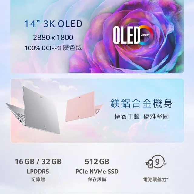 【Acer】微軟M365組★14吋極致輕薄3K OLED AI 筆電-粉(Swift Air/SFA14-71M-72Q2/Ultra 7-155H/32G/512G)