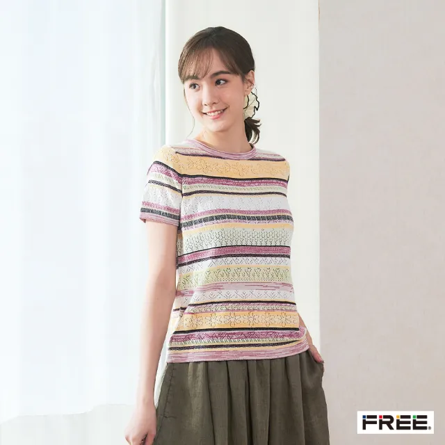 【FREE】草木染圓領花草配條短袖有機針織衫(粉綠/古紫)