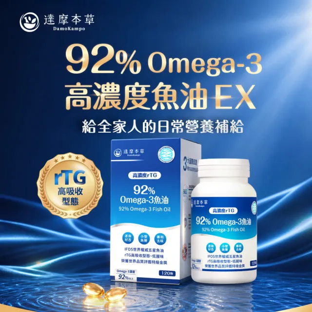 【達摩本草】92% Omega-3 rTG高濃度魚油EX 1入120顆/盒(醫生推薦、金質獎肯定)