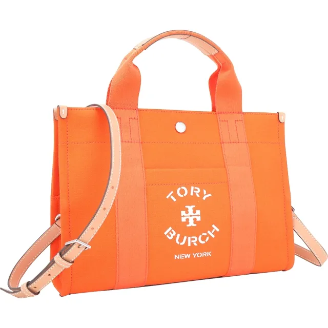 【TORY BURCH】小款 印花標誌帆布手提/肩背托特包(亮橘 帆布包 兩用 TB)
