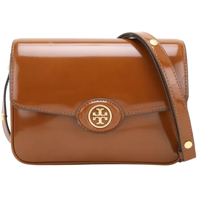【TORY BURCH】展示品 ROBINSON 金圓雙T LOGO 翻蓋亮面皮革四方形斜背包-正面刮痕(棕色 TB)