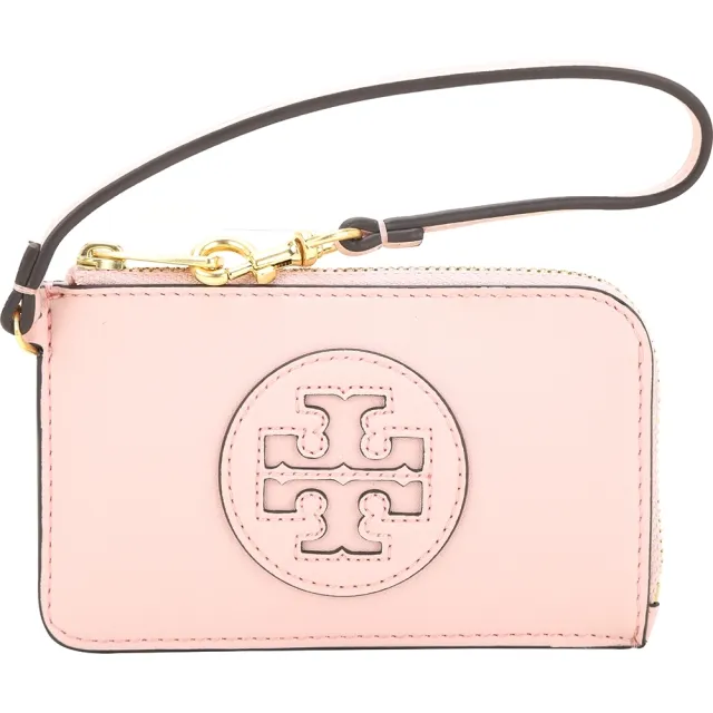 【TORY BURCH】Ella Bio 可吊掛雙T徽標皮革拉鍊卡片夾 零錢包(粉色 卡夾 TB)