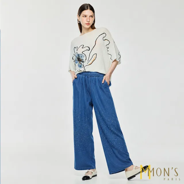 【MON’S】慕絲棉沁涼丹寧燙鑽牛仔寬褲