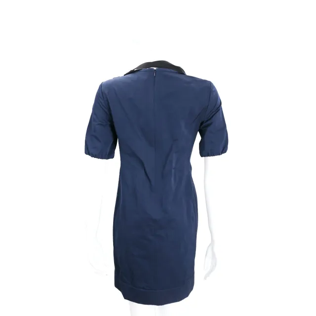 【MaxMara】’S Max Mara 藍色洋裝 鑽飾領設計 短袖絲緞連身裙(義大利精品時裝品牌)