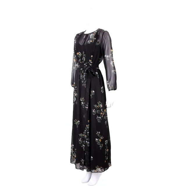 【MaxMara】黑色雪紡洋裝 花朵印花附皮革腰帶連身裙(義大利精品時裝品牌)