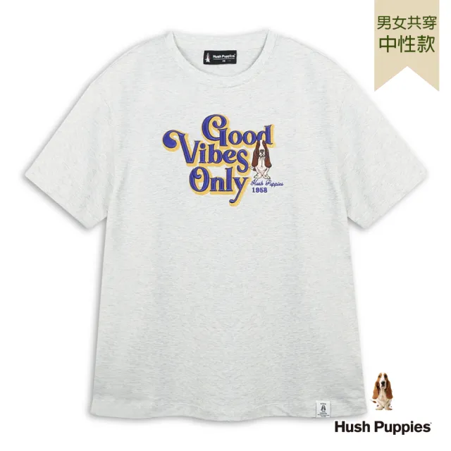 【Hush Puppies】男女共穿 T恤 美式造型文字刺繡狗T恤 (麻灰 / 64211801)