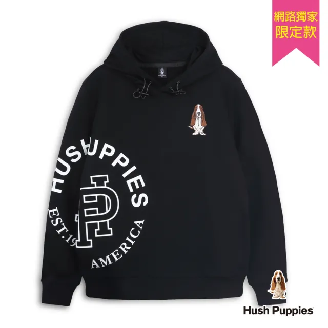 【Hush Puppies】男裝 帽T 立體品牌字刺繡狗帽T (黑色 / 64102901)