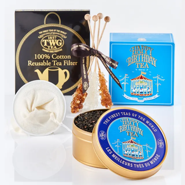 【TWG Tea】生日禮讚茶魚子醬錫罐禮物組(生日禮讚茶魚子醬錫罐 紅茶 100g/罐+瀘茶網+茶棒糖)