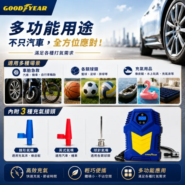 【GOODYEAR 固特異】12V高效自動多用途車用打氣機 充氣機｜打氣筒｜輪胎打氣機｜充電寶