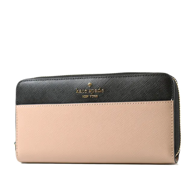 【KATE SPADE】Madison 防刮十字紋拚色拉鍊長夾-奶茶色/黑