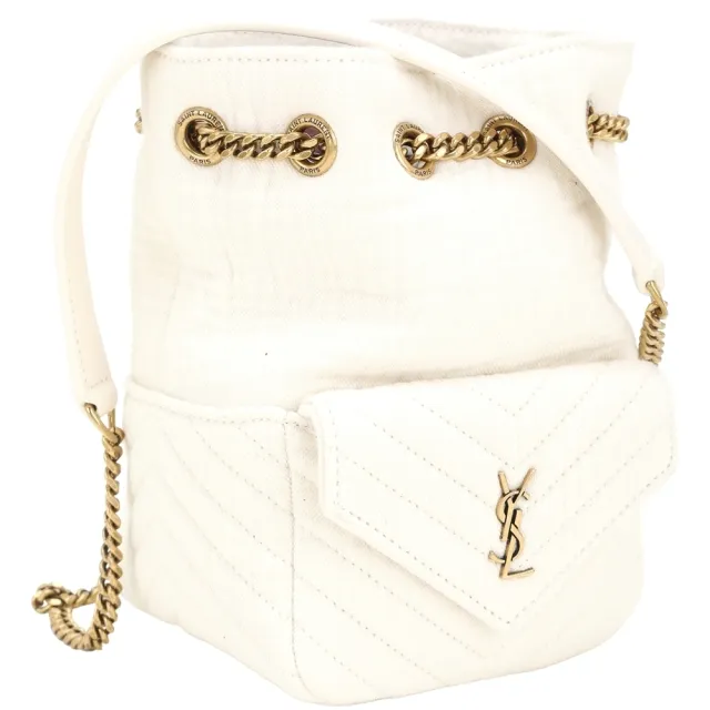 【YSL】Saint Laurent JOE V型絎縫帆布 鍊帶肩斜背水桶包(白色)
