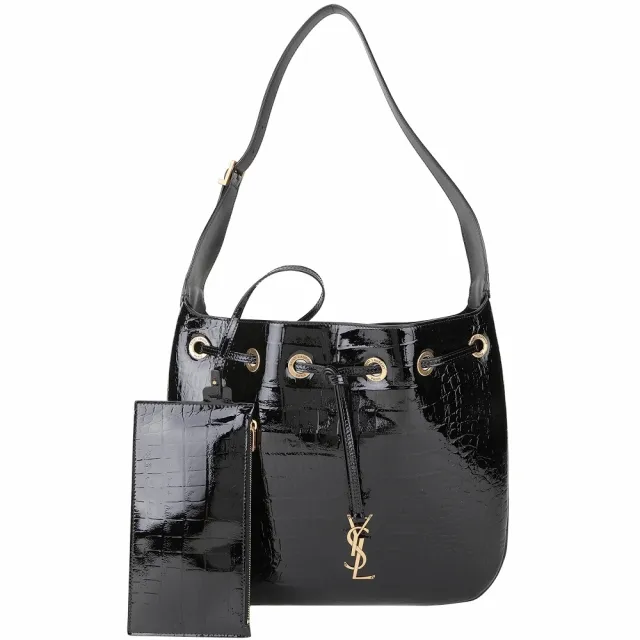 【YSL】Saint Laurent PARIS VII 中款 鱷魚壓花漆皮肩/斜背 流浪包(黑色 男女款 兩用包)