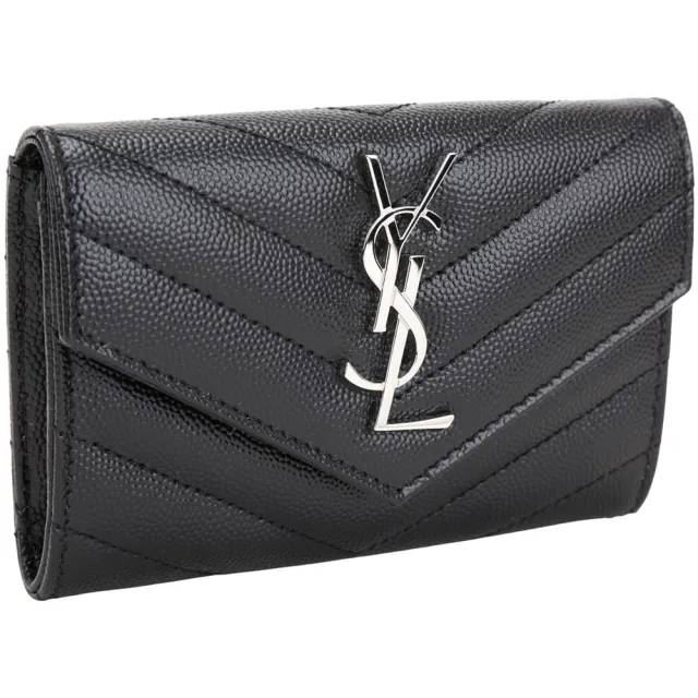 【YSL】Saint Laurent Monogram 銀字魚子醬牛皮信封釦式卡片夾/零錢包(黑色)